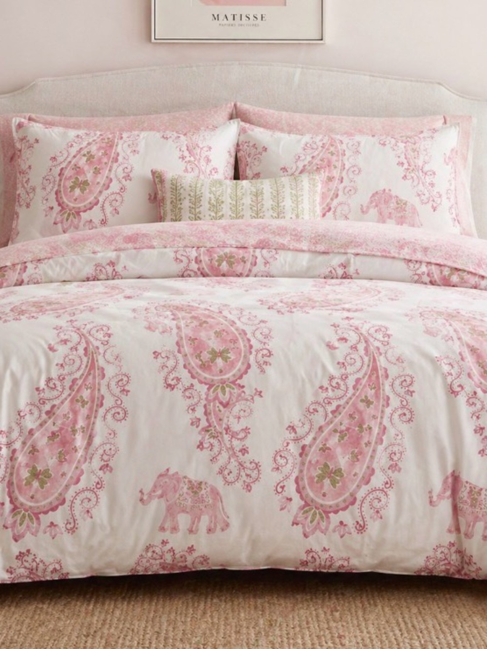 Pottery Barn Kids Pink Paisley Elephant Duvet Cover. Button closure, cotton.